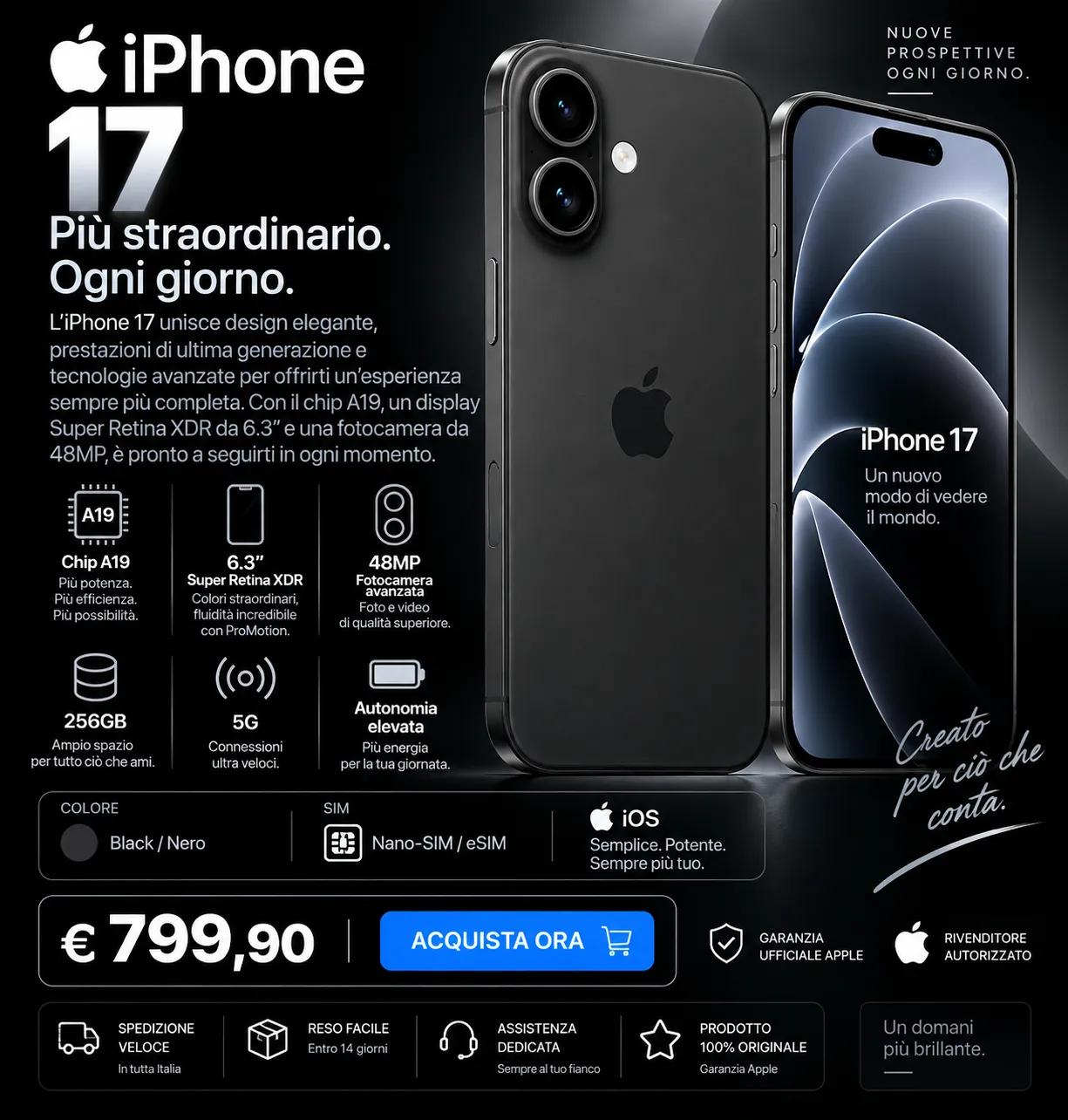 Apple iPhone 17 256GB Nero: recensione, caratteristiche, prezzo e scheda tecnica
