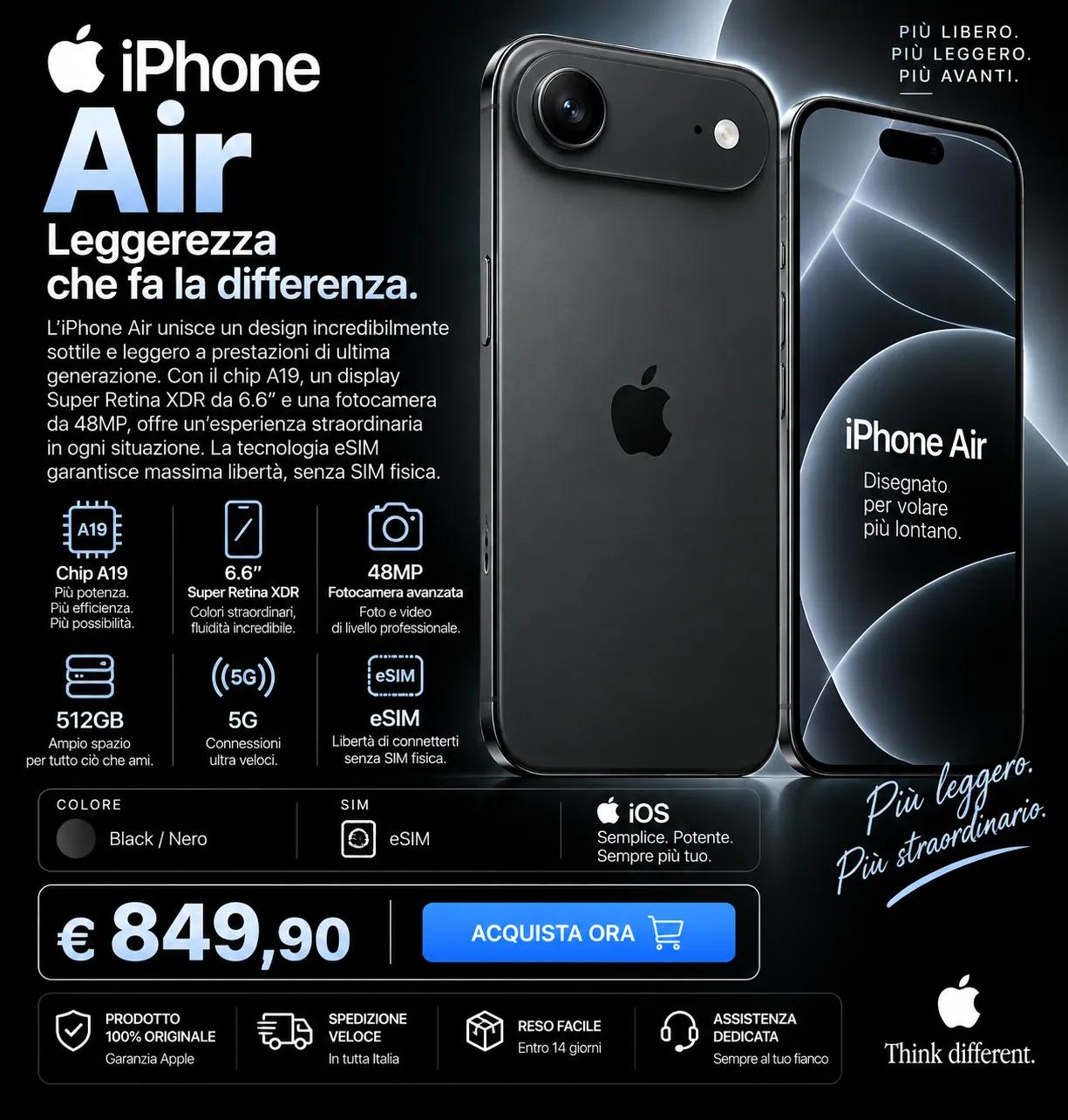 Apple iPhone Air 512GB Nero eSIM: recensione, caratteristiche, prezzo e scheda tecnica