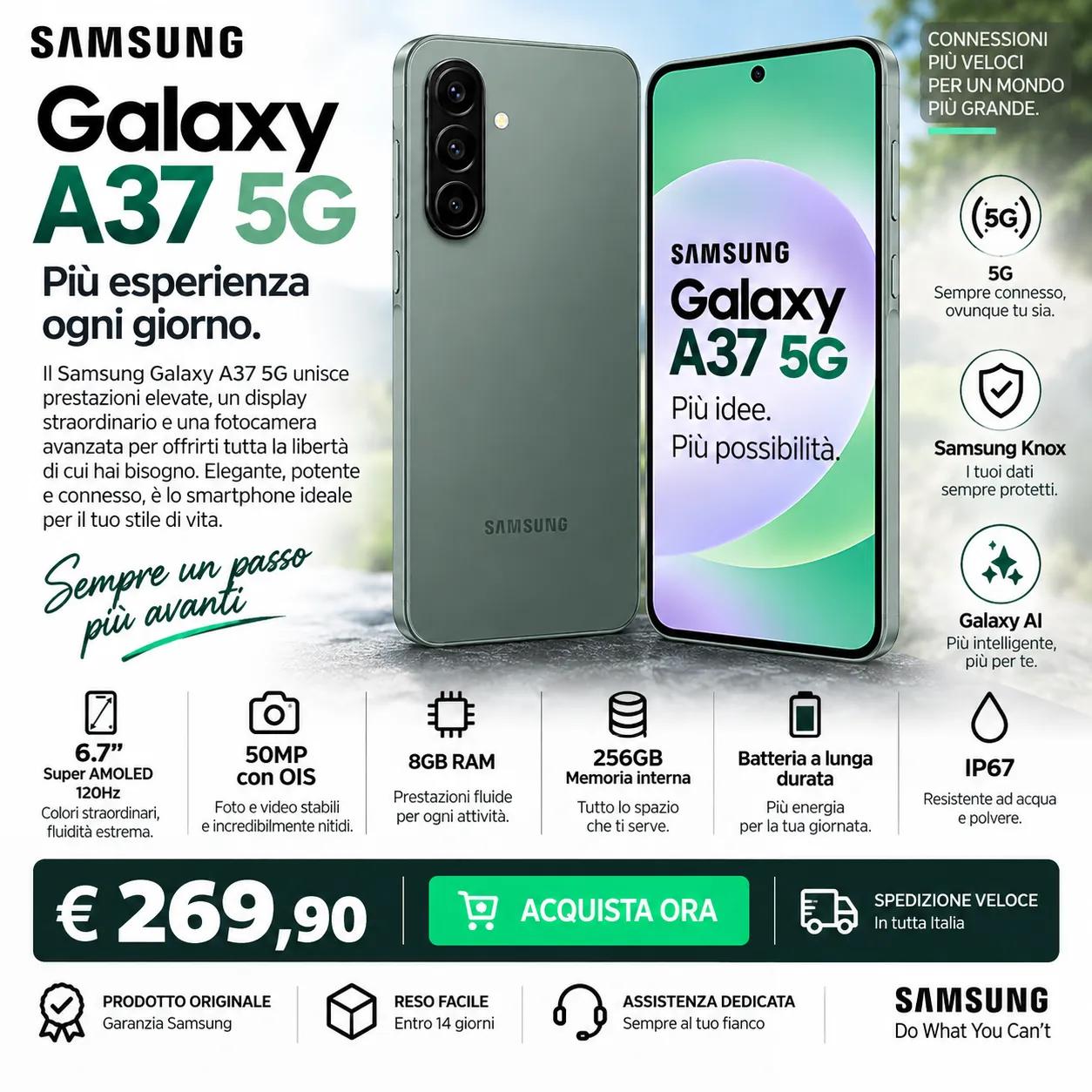 Samsung Galaxy A37 5G 256GB – Smartphone 8GB RAM, Super AMOLED 120Hz e Fotocamera 50MP OIS 1