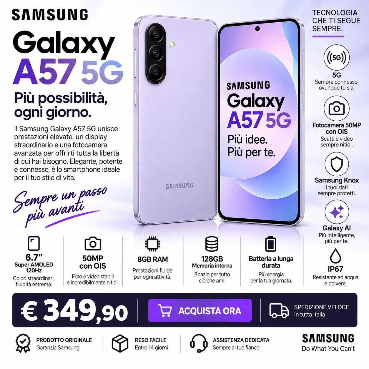 Samsung Galaxy A57 5G 128GB – Smartphone 8GB RAM, Super AMOLED 120Hz e Fotocamera 50MP OIS 1