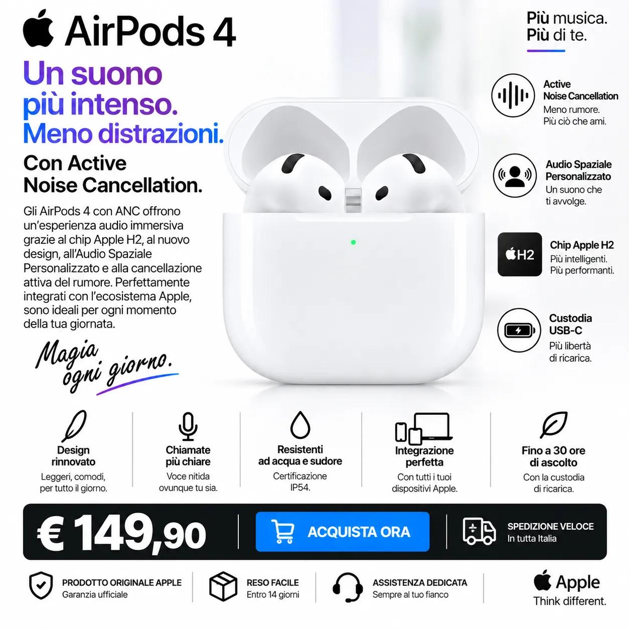 Apple AirPods 4 con Active Noise Cancellation (ANC) – Chip H2, Audio Spaziale e Custodia USB-C