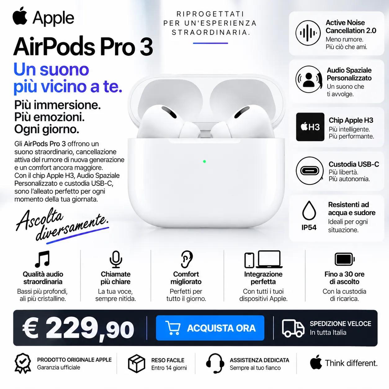 Apple AirPods Pro 3 – ANC, Audio Spaziale Personalizzato e Custodia USB-C 1