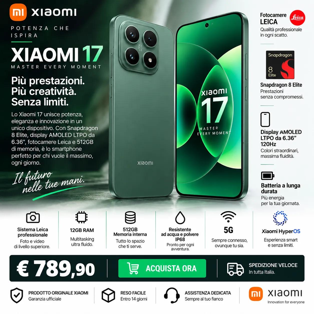 Xiaomi 17 512GB – Smartphone 5G, Display AMOLED LTPO 6.36”, Snapdragon 8 Elite e Fotocamere Leica