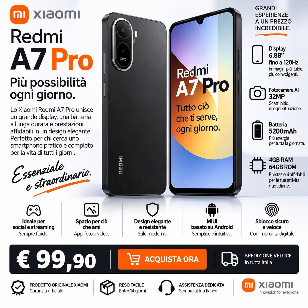 Xiaomi Redmi A7 Pro 64GB – Display 6.88” 120Hz, Fotocamera AI 32MP, Batteria 5200mAh 1