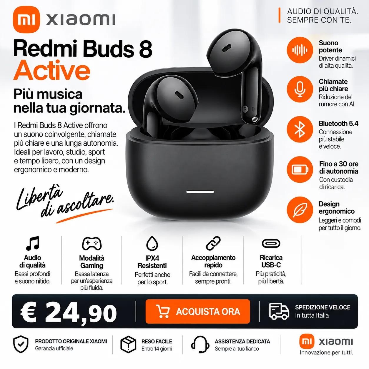 Xiaomi Redmi Buds 8 Active – Auricolari Bluetooth 5.4, USB-C e IPX4 – Black