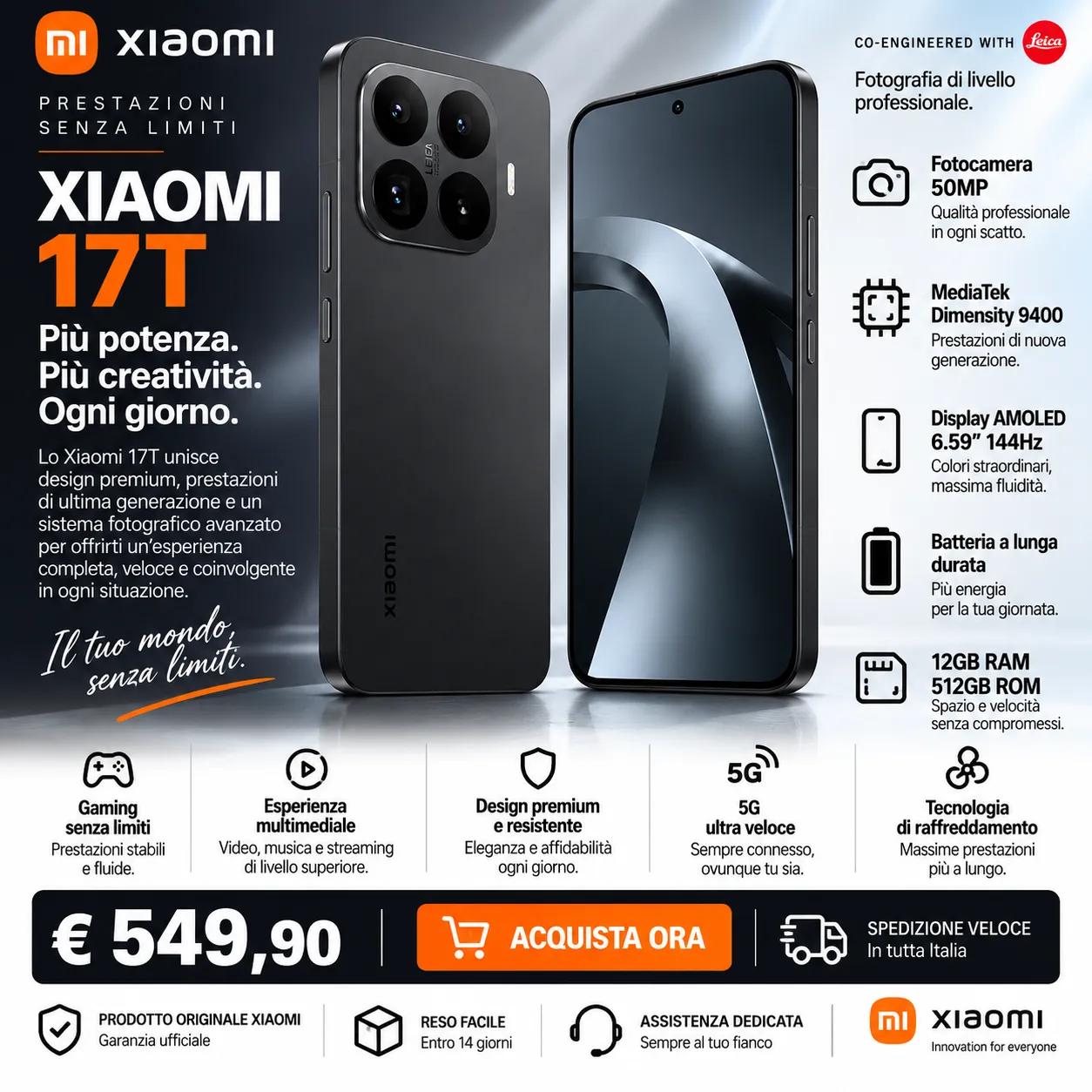 Xiaomi 17T 512GB – Smartphone 5G, Display AMOLED 6.59” 144Hz, MediaTek Dimensity 9400, Fotocamera 50MP